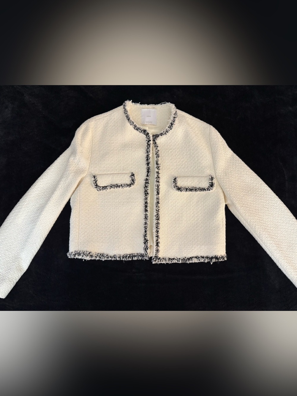NWOT Mango Cinta Cropped Tweed Jacket Cream with Black Trim Size Large - Picture 5 of 13